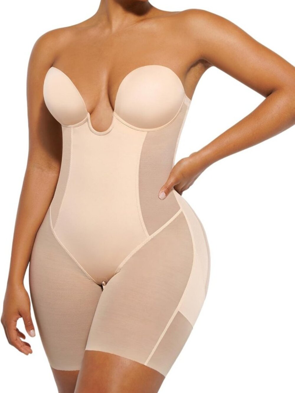 Strapless Shapewear Bodysuit, Deep Plunge Tummy Control, Nude, Size XL